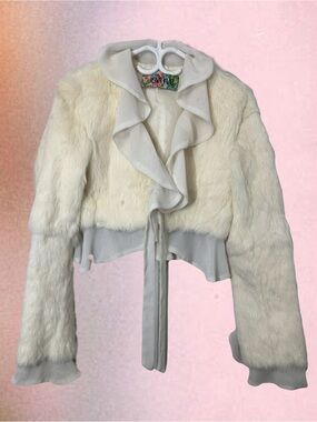 Jenny Voo Cream Ivory Rabbit Fur Ruffle-Trim Cropped Jacket